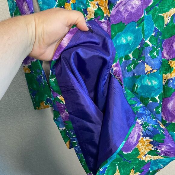 Vintage Gillian Womens 100% Silk Green Purple Floral Dress Size 6 Open Back 70s - Picture 8 of 11
